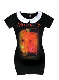 Peter Pan Collar Dress with Alice in chains band logo print on front.