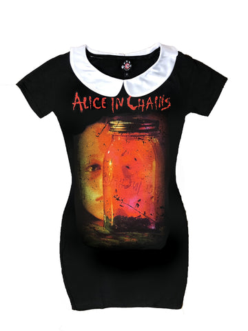 Peter Pan Collar Dress with Alice in chains band logo print on front.