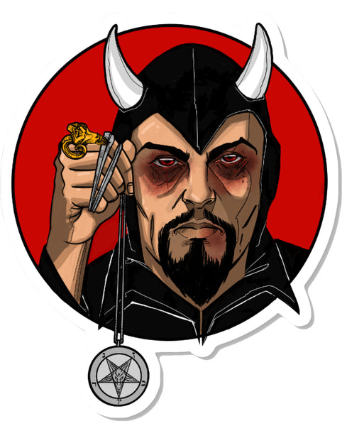 Anton LaVey in black costume and horns holding pentagram necklace, red background vinyl sticker