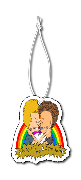 Air freshener with white elastic band. Features Beavis and Butthead kissing in front of a rainbow. Inscription reads "BEAVIS AND BUTTHEAD" in black.