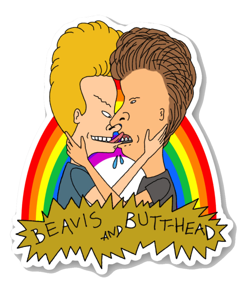 Viny sticker features Beavis and Butthead kissing in front of a rainbow. Inscription reads "BEAVIS AND BUTTHEAD" in black.