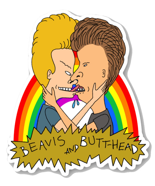 Viny sticker features Beavis and Butthead kissing in front of a rainbow. Inscription reads "BEAVIS AND BUTTHEAD" in black.