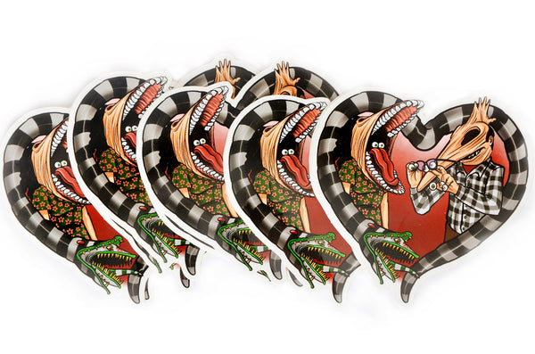Vinyl sticker features image of Barbara and Adam from the movie Beetlejuice. Barbara has face stretched with mouth open, tongue sticking out and eyes in mouth. Adam has his face stretched out with eyeballs on his fingers and glasses in hand. Black and white Beetlejuice snake around Adam and Barbara in the shape of a heart.