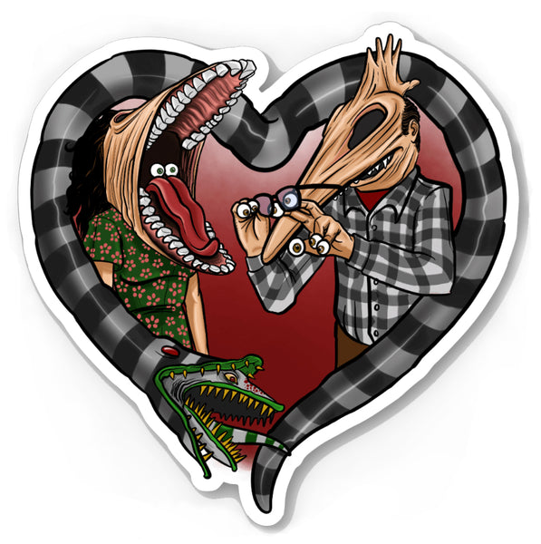 Vinyl sticker features image of Barbara and Adam from the movie Beetlejuice. Barbara has face stretched with mouth open, tongue sticking out and eyes in mouth. Adam has his face stretched out with eyeballs on his fingers and glasses in hand. Black and white Beetlejuice snake around Adam and Barbara in the shape of a heart.