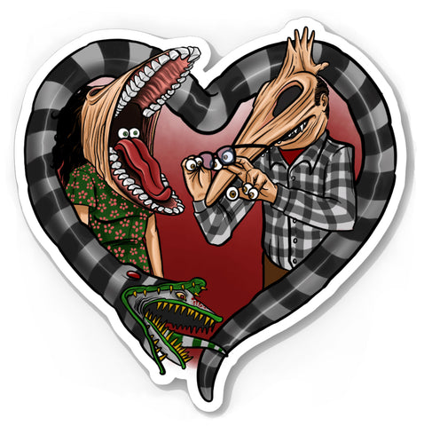 Vinyl sticker features image of Barbara and Adam from the movie Beetlejuice. Barbara has face stretched with mouth open, tongue sticking out and eyes in mouth. Adam has his face stretched out with eyeballs on his fingers and glasses in hand. Black and white Beetlejuice snake around Adam and Barbara in the shape of a heart.