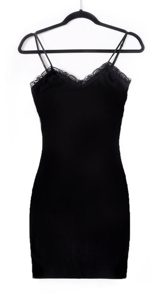Black thin strap mini dress with lace V shape trim neckline.