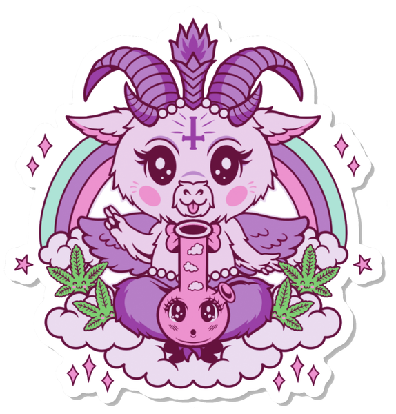 Vinyl sticker features pastel colors of animated goat Baphomet sitting on clouds with weed plants on clouds and bong with surprised face in front of him. Rainbow and sparkles in background. 
