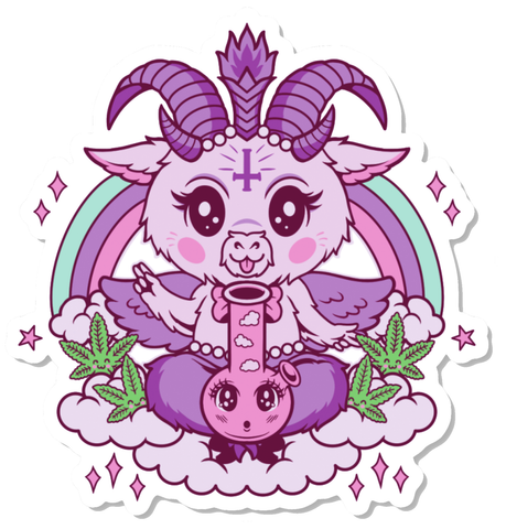 Vinyl sticker features pastel colors of animated goat Baphomet sitting on clouds with weed plants on clouds and bong with surprised face in front of him. Rainbow and sparkles in background. 
