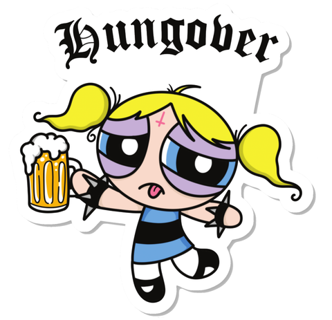 Vinyl sticker with Bubbles from the Powerpuff Girls with red upside cross on forehead and black spike bracelets. Bubbles is holding beer with word "hungover" written in black.