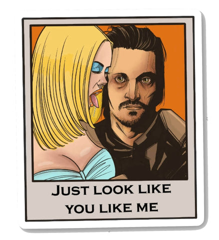 Vinyl sticker features Buffalo '66 print of man and woman on an instant film picture with caption "Just look like you like me" in black.