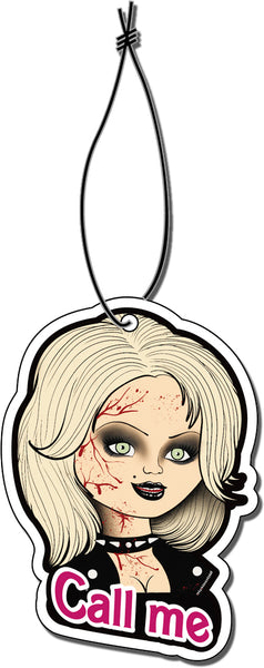 White air freshener with white elastic band. Features Tiffany from the movie Bride of Chucky wearing black jacket and black choker necklace with blood splattered on her. Pink inscription reads "Call me".