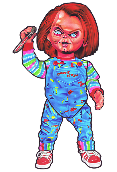 Paper cutout wall decoration with scary chucky doll holding bloody knife.