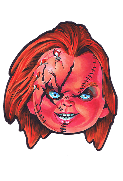 Paper cutout wall decoration features Chucky doll's face with evil smile.