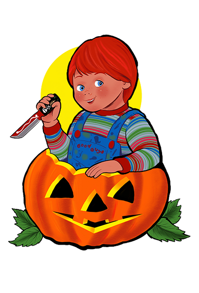 Paper cutout wall decoration featuring scary doll with knife inside a jack o lantern