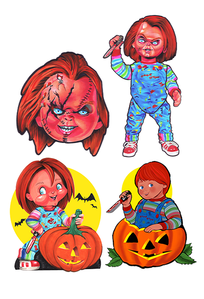 Paper cutout wall decoration with four chucky doll scary prints