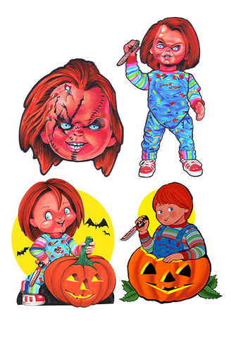 Paper cutout wall decoration with four chucky doll scary prints