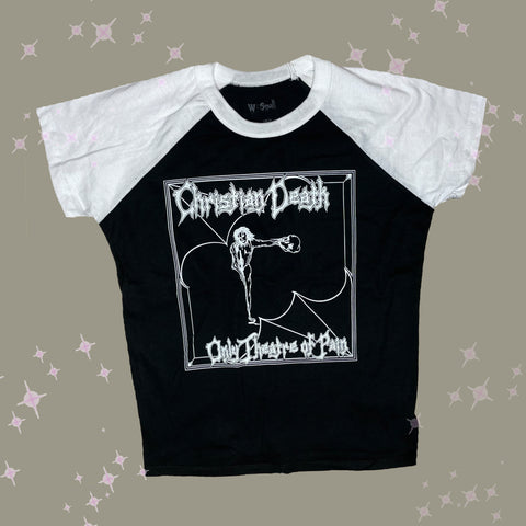 Black baseball tee with white short sleeves and white trim neckline. White font reads "Christian Death- Only Theatre of Pain". 