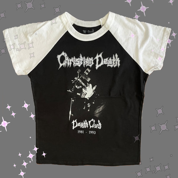 Black baseball tee with white short sleeves and white trim neckline. Inscription reads "Christian Death- Death Club" in white. Features  black and white image of man singing into microphone.
