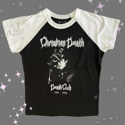 Black baseball tee with white short sleeves and white trim neckline. Inscription reads "Christian Death- Death Club" in white. Features  black and white image of man singing into microphone.