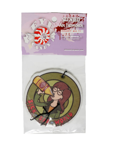 Round air freshener with white elastic band. Features green background and Daria animated character drinking a beer. Inscription reads "Sick Sad World" in red