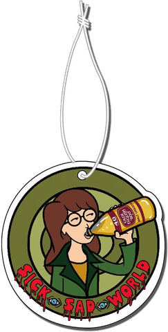 Round air freshener with white elastic band. Features green background and Daria animated character drinking a beer. Inscription reads "Sick Sad World" in red