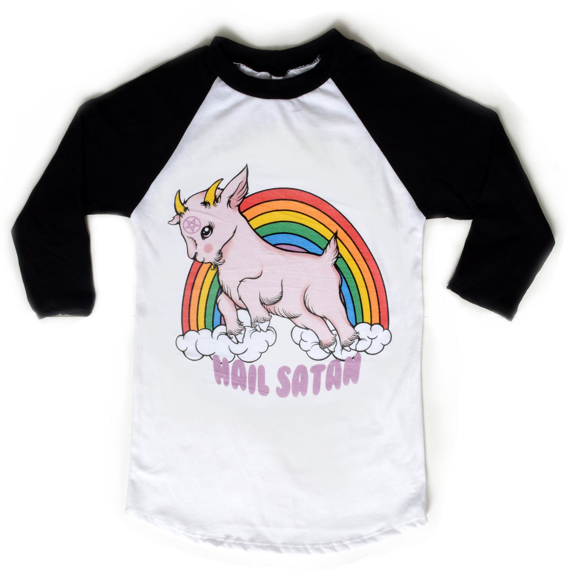 White baseball tee with black sleeves and black trim neckline. Features animated pink goat with pentagram on forehead. Clouds and rainbow behind goat. Written underneath goat is "Hail Satan" in pink font.
