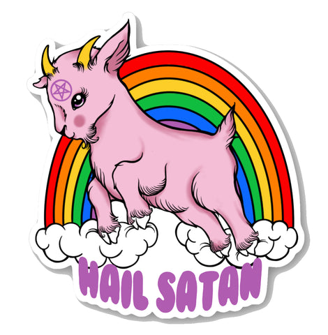 Vinyl sticker features animated pink goat with pentagram on forehead. Clouds and rainbow behind goat. Written underneath goat is "Hail Satan" in pink font.