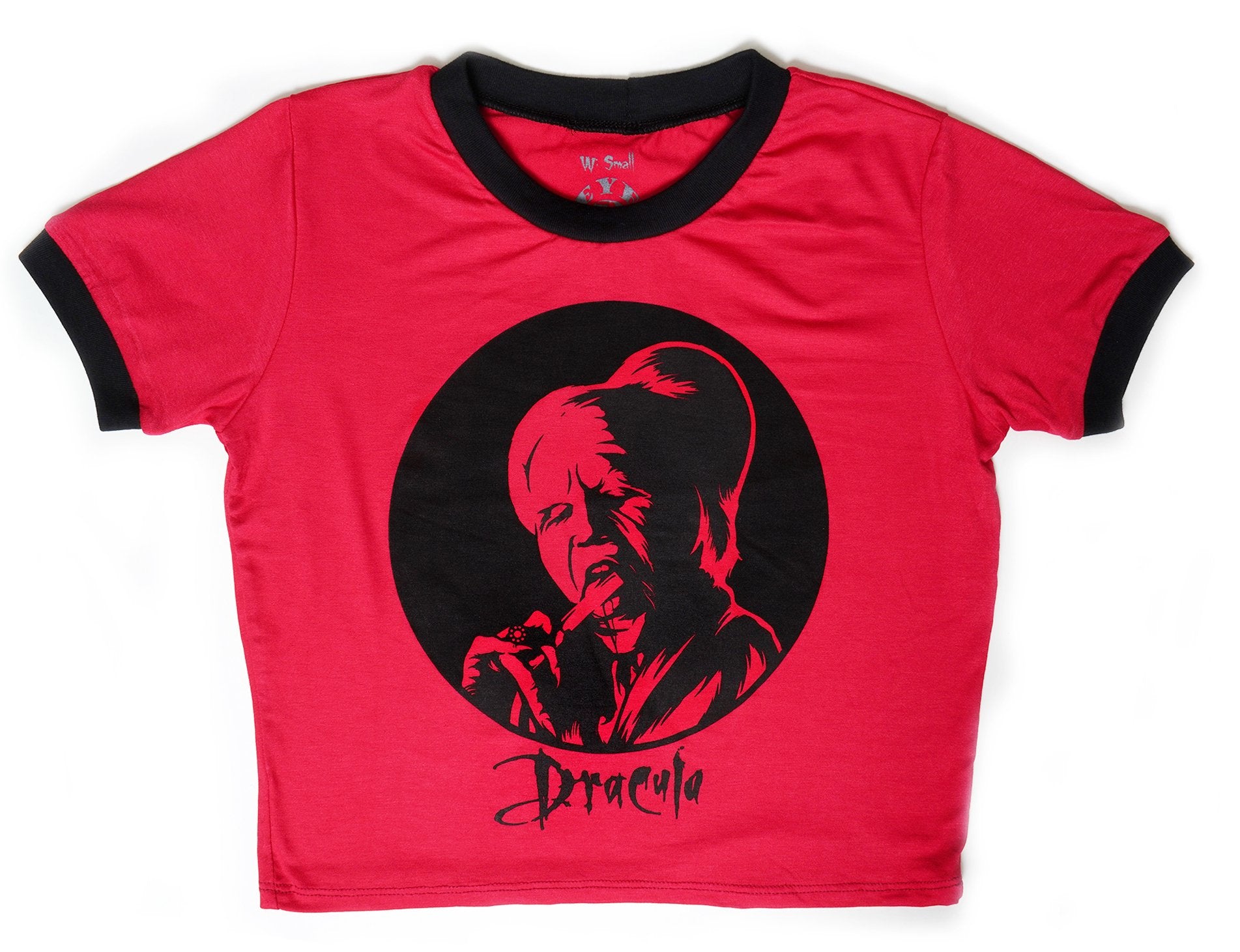 Red ringer tee with black trim. Black print features vampire licking bloody razor. Black font reads "Dracula".