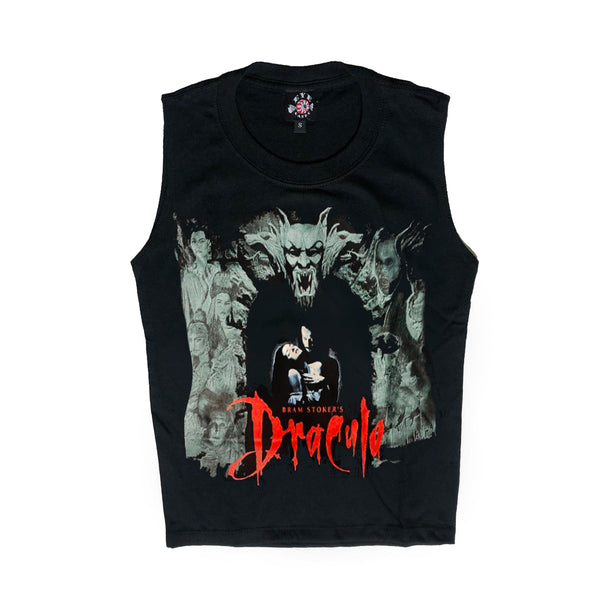 Black high neck sleeveless tank. Print features man and woman embracing with gargoyles surrounding. "Bram Stoker's Dracula" is written in red font.