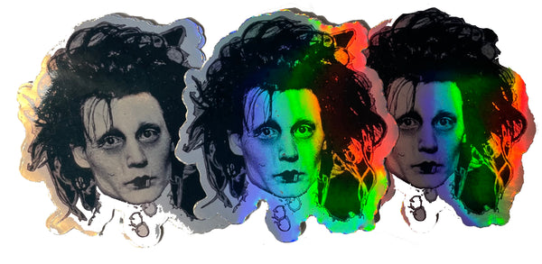 Holographic vinyl sticker features the face of Edward Scissorhands