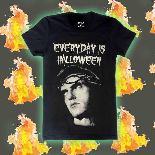 Black short sleeve T-shirt. Features white image of Peter Steele with eyes rolled up wearing a thorn crown. White inscription reads "EVERYDAY IS HALLOWEEN"