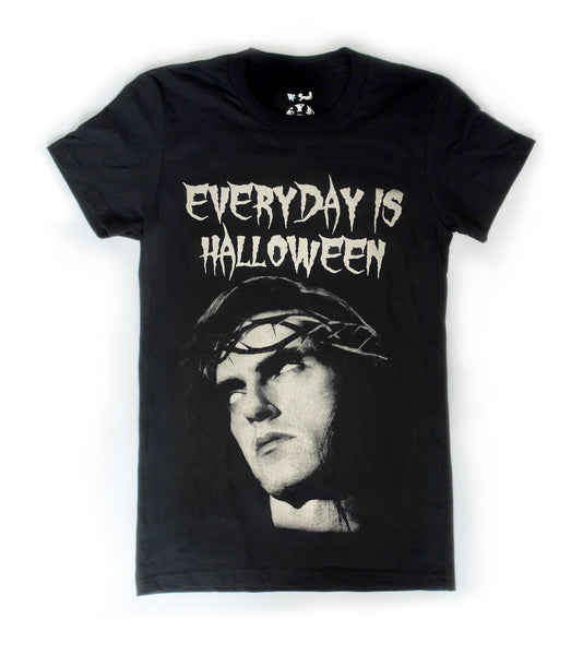 Black short sleeve T-shirt. Features white image of Peter Steele with eyes rolled up wearing a thorn crown. White inscription reads "EVERYDAY IS HALLOWEEN"