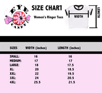 Black and red stripped ringer tee with black trim. Features image of cartoon boy and girl wearing white dresses with black makeup on eyes and black upside down cross on foreheads. They are holding a white cake with pink frosting and pink 666 candles lit on cake. SIZE CHART. Women's Ringer Tee.