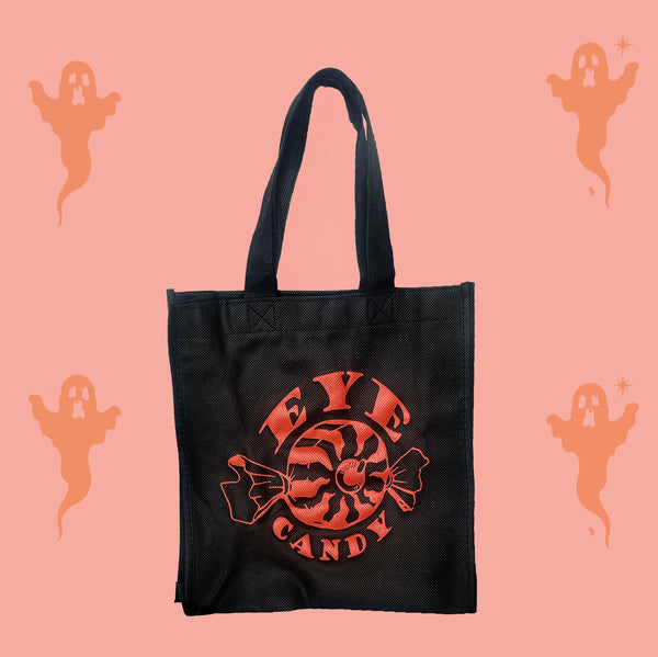 Black tote bag with Eyecandy company logo in orange