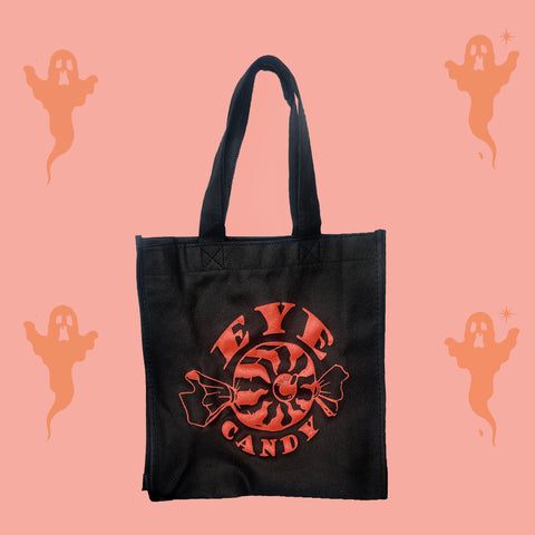 Black tote bag with Eyecandy company logo in orange