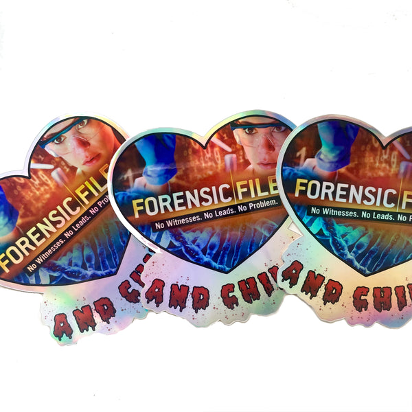 Heart shape holographic vinyl sticker. Features lab scientist and "Forensic Files and Chill" written. Inscription also reads "No Witnesses, No Leads, No Problem."