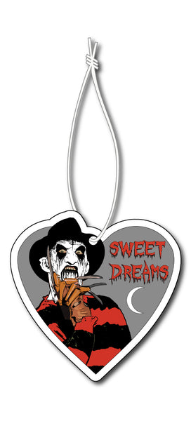Heart shape air freshener with white elastic band. Features Freddy Krueger in corpse paint and crescent moon. Heart located in background. Red writing says "Sweet Dreams"