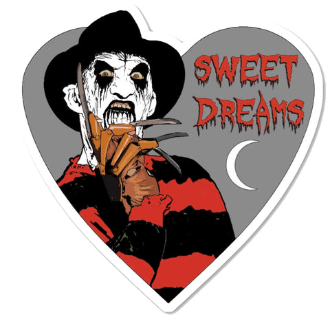 Heart shape Vinyl sticker. Features Freddy Krueger with corpse paint and crescent moon. Inscription reads "Sweet Dreams" in red.