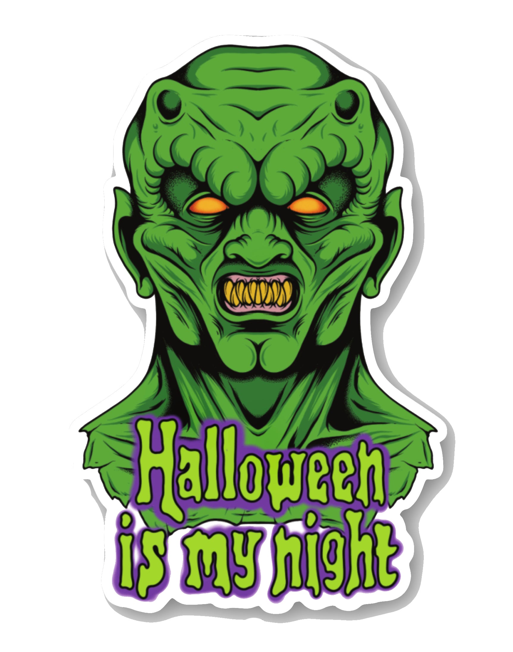 Vinyl sticker. Features green monster with yellow eyes and reads "Halloween is my night" in light green font