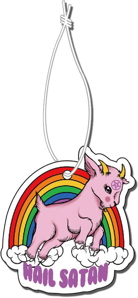 Air freshener with white elastic band. Features animated pink goat with pentagram on forehead. Clouds and rainbow behind goat. Written underneath goat is "Hail Satan" in pink font.
