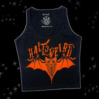 Black cropped tank with orange font that reads "Halloweird" with orange bats