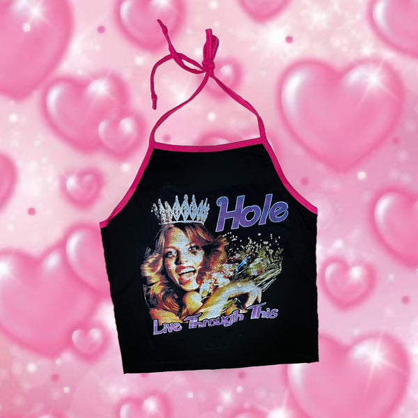 Pink and black halter top with CD album cover of band Hole with beauty queen holding flowers and wearing a crown. 