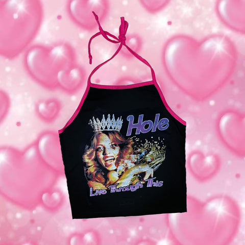 Pink and black halter top with CD album cover of band Hole with beauty queen holding flowers and wearing a crown. 