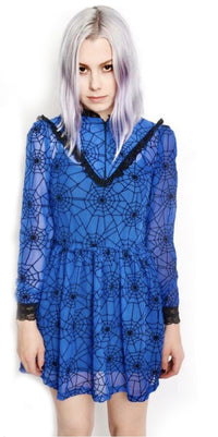 Blue mesh long sleeve, high neck, Victorian style dress with black lace trim neckline, cuffs and V shape trim from chest to shoulders. Black zipper down chest from neckline to V lace trim. Dress cinched at waist. Features black spiderwebs on dress.
