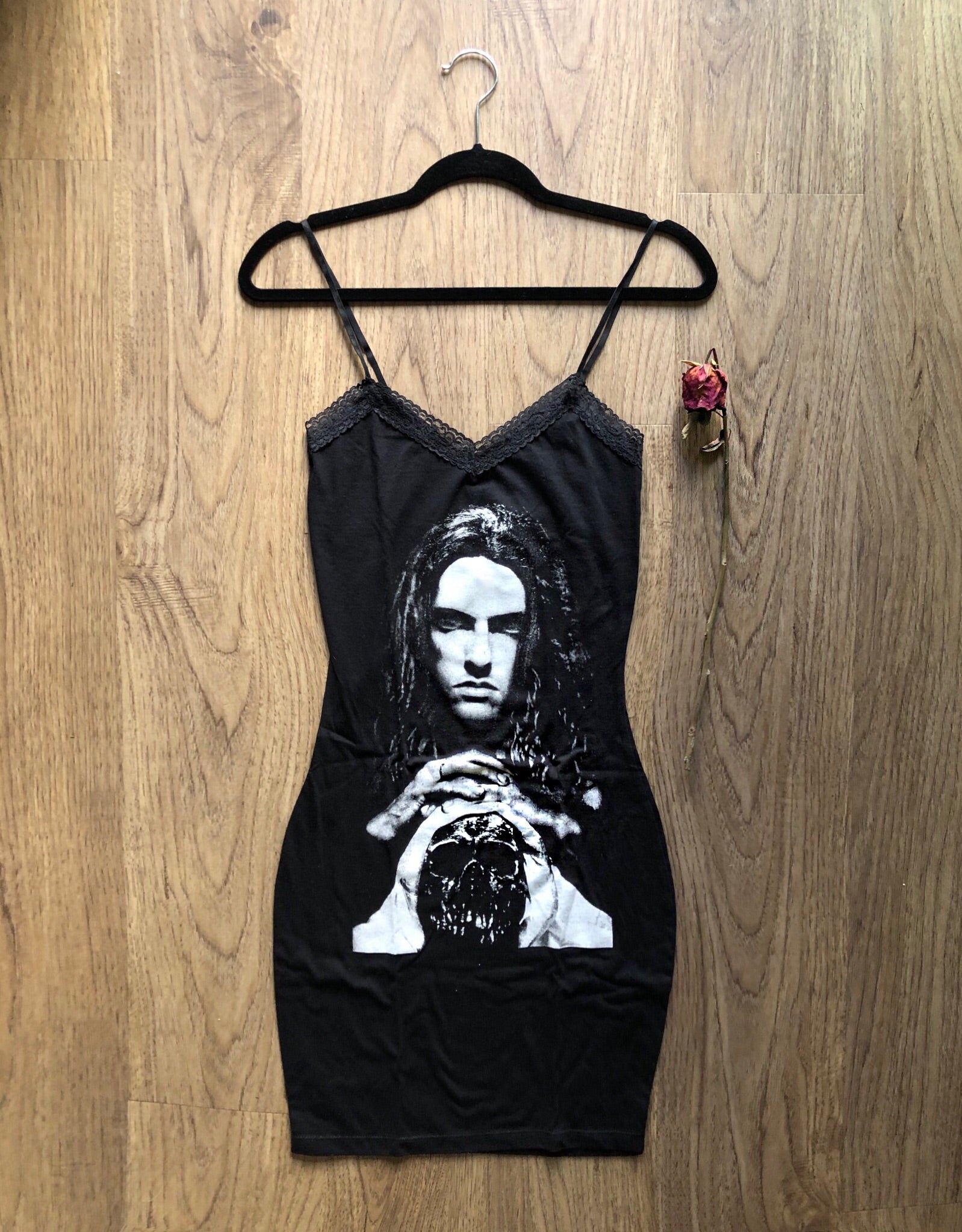 Black thin strap mini dress with black lace trim neckline. Features white image of Peter Steele looking straight ahead with hands on skull.