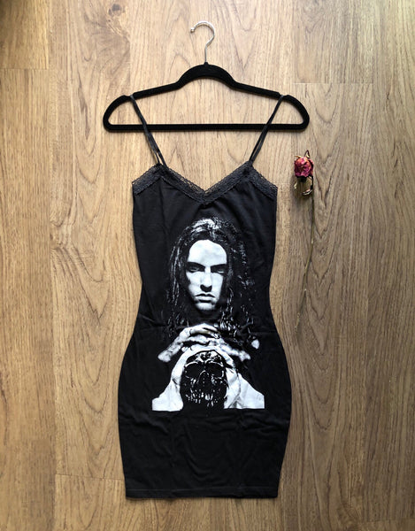 Black thin strap mini dress with black lace trim neckline. Features white image of Peter Steele looking straight ahead with hands on skull.