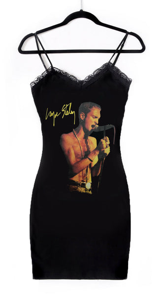 Black thin strap mini dress with black lace trim neckline. Features picture of Layne Staley shirtless singing in microphone. Inscription reads "Layne Staley" in yellow.