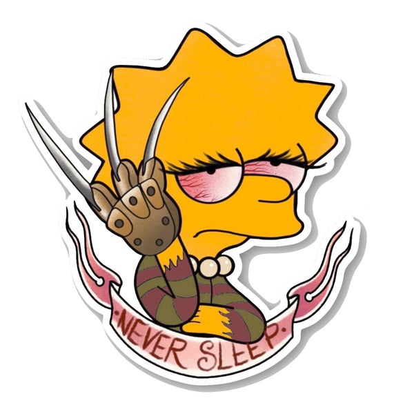 Vinyl sticker features image of Lisa Simpson with red eyes wearing Freddy Krueger knife glove and stripped shirt. Inscription on banner reads "NEVER SLEEP" in red.