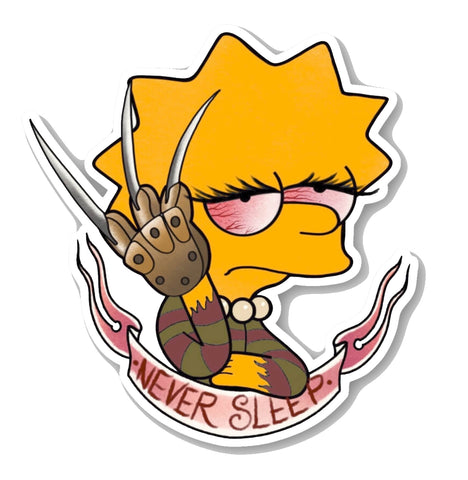 Vinyl sticker features image of Lisa Simpson with red eyes wearing Freddy Krueger knife glove and stripped shirt. Inscription on banner reads "NEVER SLEEP" in red.