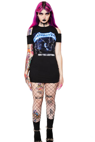 black short sleeve mini dress with cut out shoulder detail. Features image of electric chair and lighting with inscription reading "METALLICA" and "RIDE THE LIGHTING" in white.
